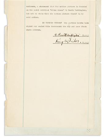 TARKINGTON, BOOTH. Two Typed Documents Signed, Booth Tarkington or N. Booth Tarkington, each an agreement concerning motion picture